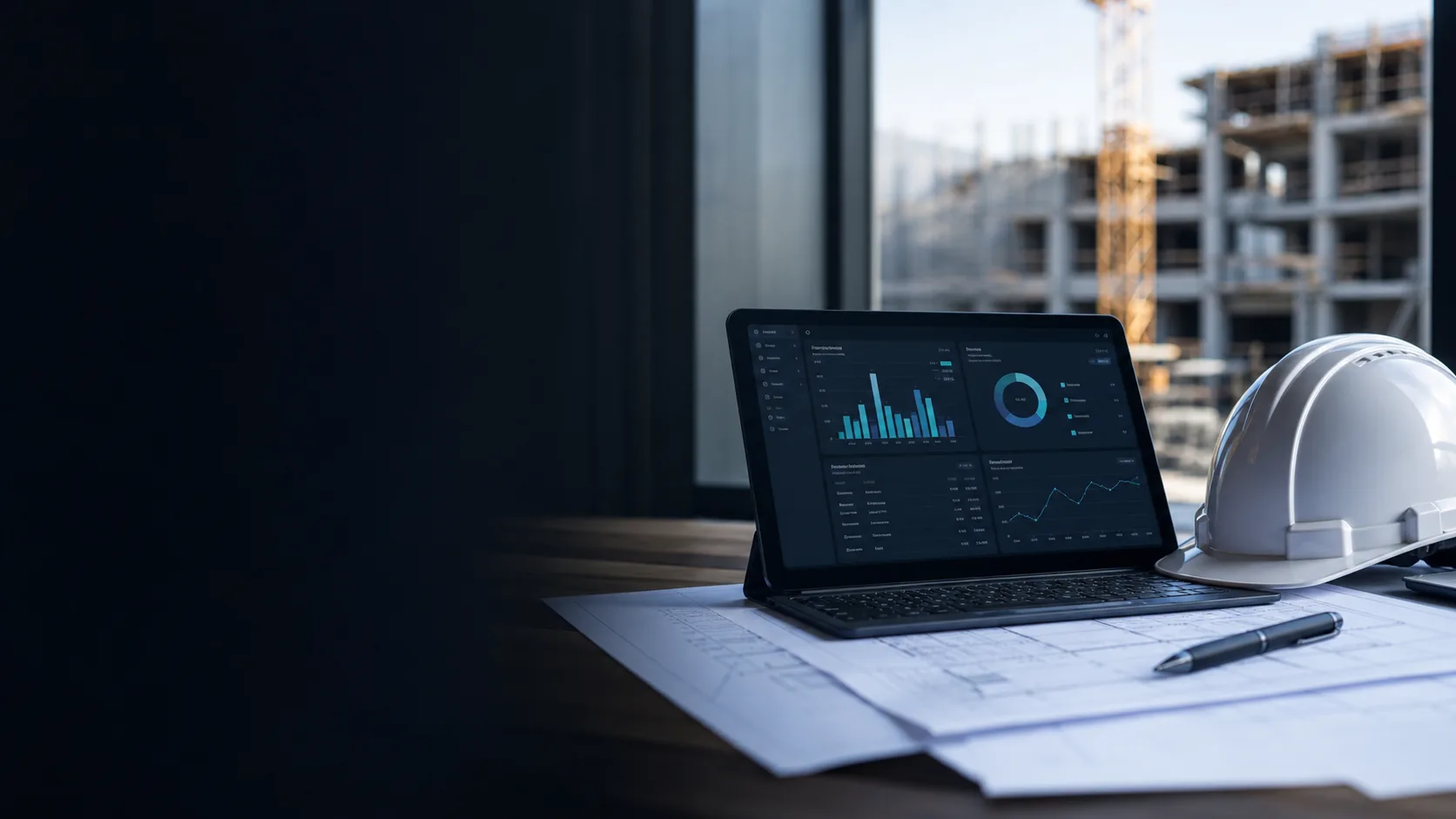 Dashboard s metrikami na tabletu nad stavební dokumentací