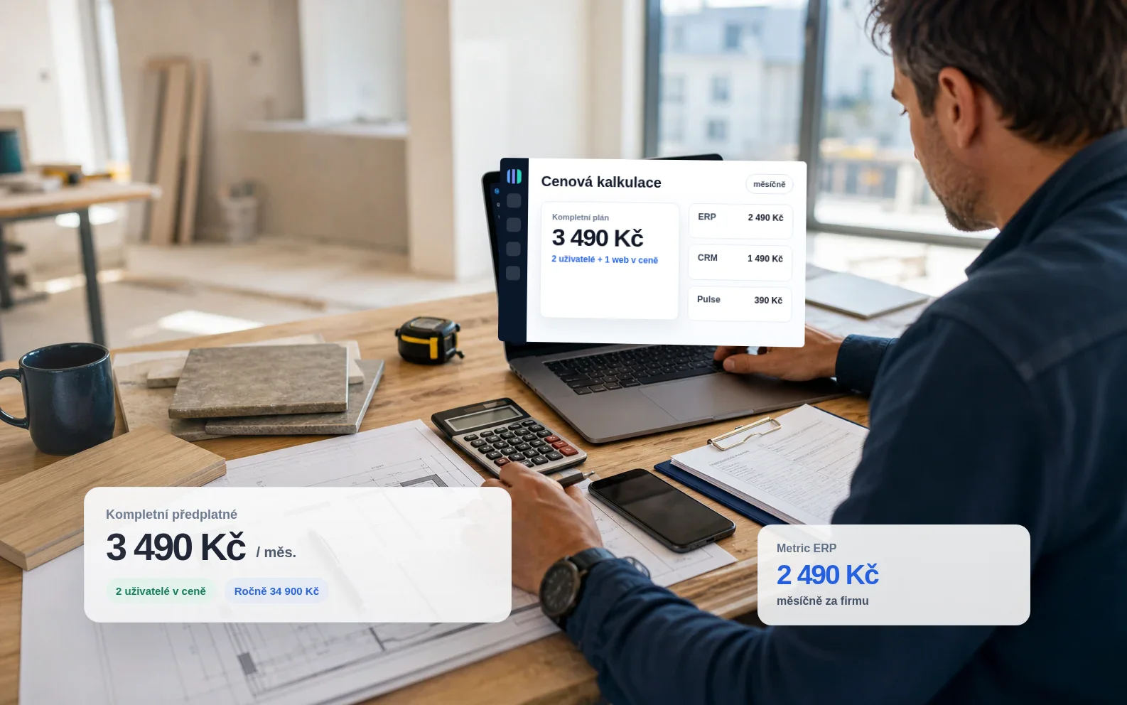 Podnikatel připravuje cenovou kalkulaci Metric s plánem Kompletní za 3 490 Kč měsíčně.