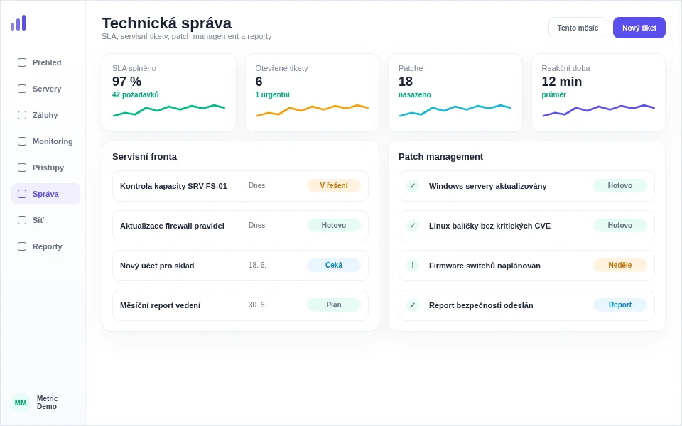 Ukázka technické správy se SLA, servisní frontou a patch managementem