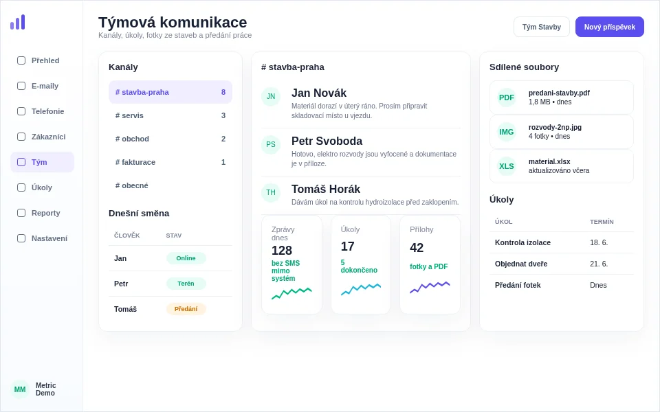 Ukázka týmové komunikace s kanály, zprávami, soubory a úkoly