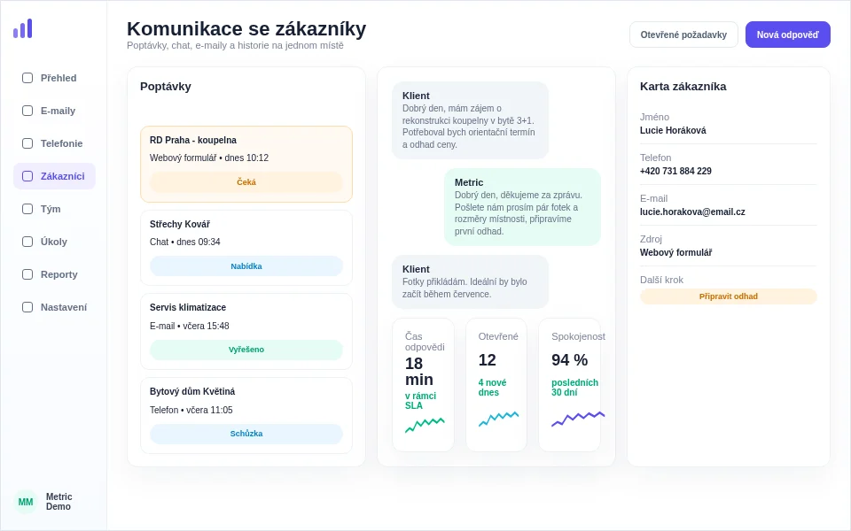 Ukázka zákaznické komunikace s poptávkami, chatem a kartou zákazníka