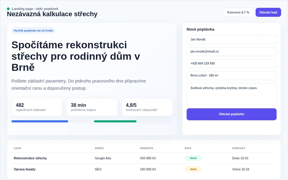 Ukázka landing page s poptávkovým formulářem, kontaktními údaji a přehledem leadů