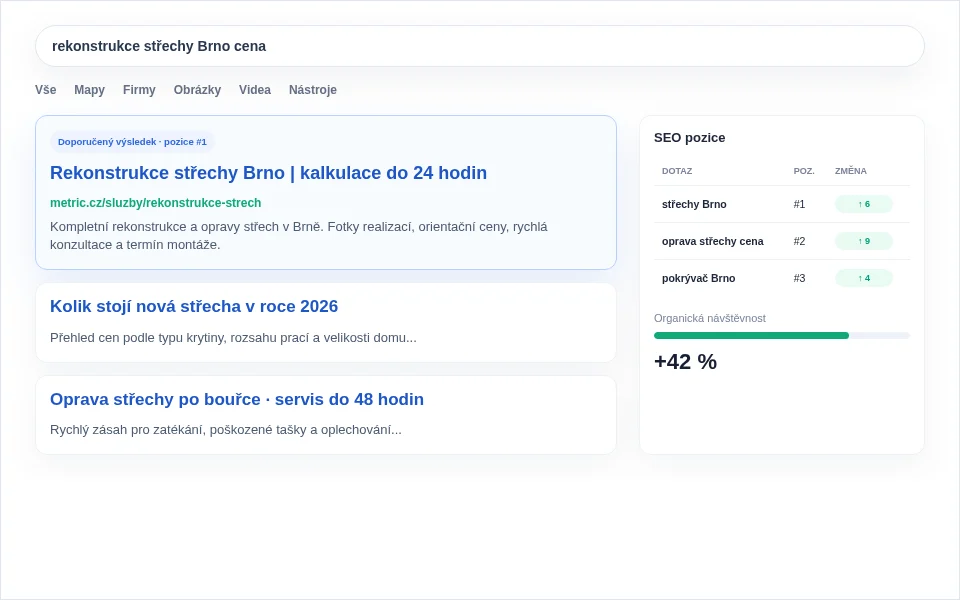 Ukázka výsledků vyhledávání se zvýrazněným organickým výsledkem a růstem SEO pozic