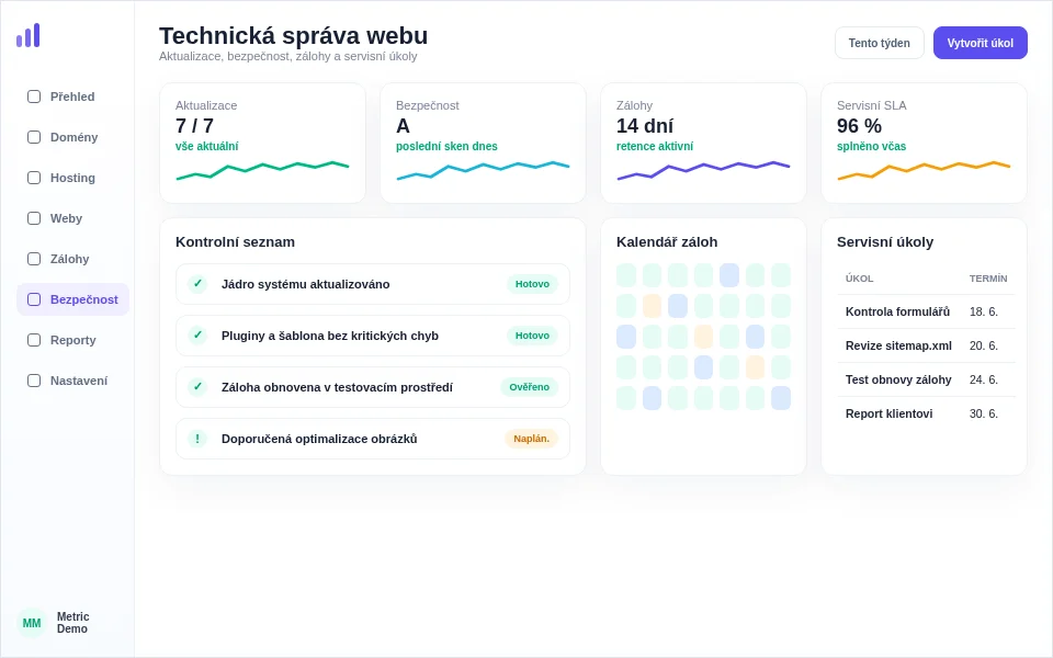 Dashboard technické správy webu se stavem aktualizací a záloh